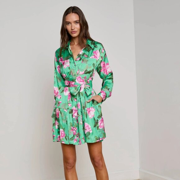 Virlen Tiered Shirt Dress ~ Green Multi Large Santa Fe Ros - Picture 1 of 3